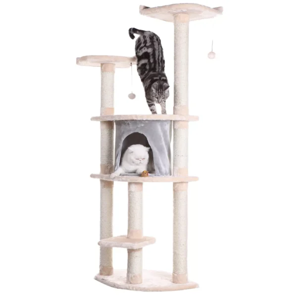 Armarkat 64-in Faux Fur Real Wood Climbing Cat Tree With Sisal Covered Posts, Silver Gray & Almond