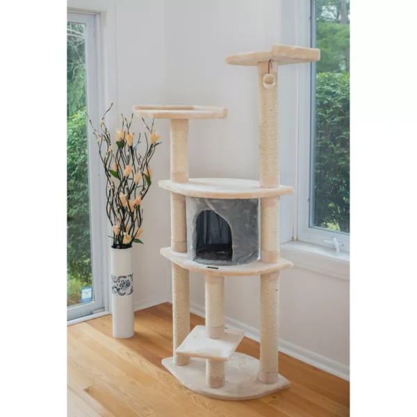 Armarkat 64-in Faux Fur Real Wood Climbing Cat Tree With Sisal Covered Posts, Silver Gray & Almond - Image 2