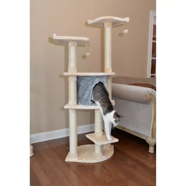 Armarkat 64-in Faux Fur Real Wood Climbing Cat Tree With Sisal Covered Posts, Silver Gray & Almond - Image 3