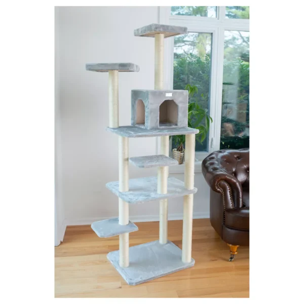 GleePet 74-in Faux Fur Multi-Platform Real Wood Cat Tree, Silver Gray - Image 3