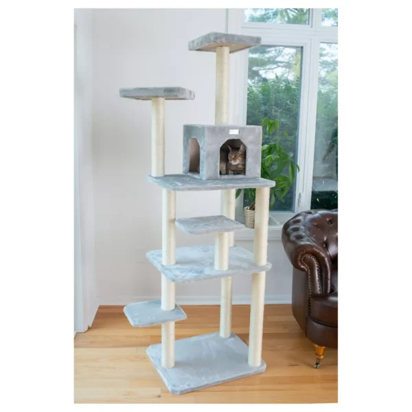 GleePet 74-in Faux Fur Multi-Platform Real Wood Cat Tree, Silver Gray - Image 4