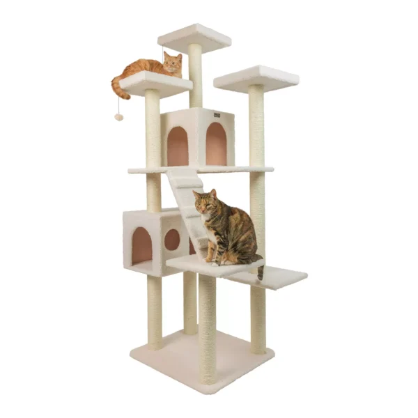 Armarkat 77-in Classic Faux Fleece Real Wood Cat Tree Large Cat Play Tower, Ivory - Image 2