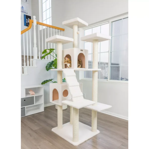 Armarkat 77-in Classic Faux Fleece Real Wood Cat Tree Large Cat Play Tower, Ivory - Image 4