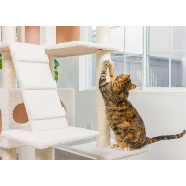 Armarkat 77-in Classic Faux Fleece Real Wood Cat Tree Large Cat Play Tower, Ivory - Image 5