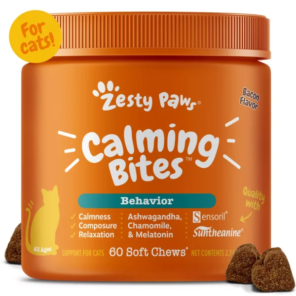 Zesty Paws Calming Bites for Cats - Bacon Flavor - 60 Ct