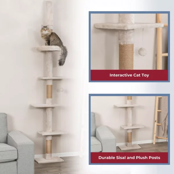 TRIXIE Kobe Sisal & Plush 90.5"-104" Ceiling Mount Cat Tree, 4-Level Cat Tower, Beige - Image 2